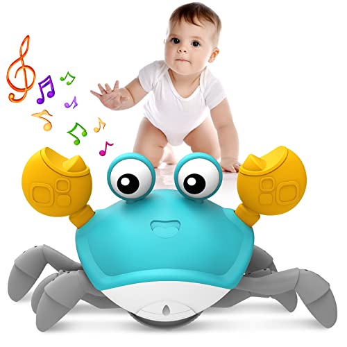 YYDeek Crawling Toy for Babies, Kids Musical Crab/Octopus Interactive Toy with Sensor Obstacle Avoidance & USB Rechargeable Battery, Baby Tummy Time Light Up Sensory Toys (Blue Crab)