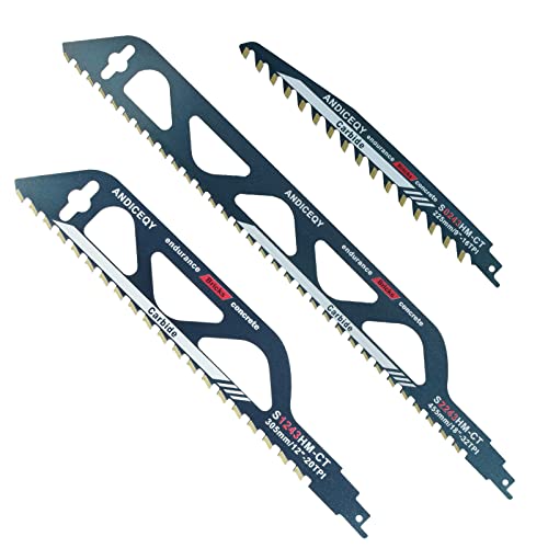 3pcs 9-12-18-Inch Reciprocating Saw Blade-Demolition Masonry Wood Cutting Sawzall Pruning Blades Hard Alloy Saw Blades for Cutting Brick, Porous Concrete (Combination Pack(3pcs))