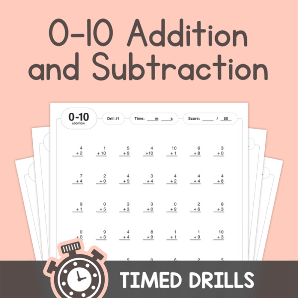 Addition & Subtraction Drills (0-10) – K, 1st Grade Add and Subtract Quizzes – No Prep