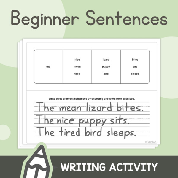 Beginner Sentences – K, 1st, 2nd Grade Writing Sentences & Vocabulary Worksheets – No Prep (Printable PDF)