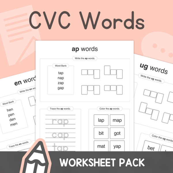 CVC Words – K, 1st Grade Phonics & Sounding Out Words Worksheets – No Prep (Printable PDF)