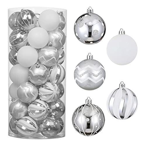 Valery Madelyn 35ct 70mm Frozen Winter Silver and White Christmas Ball Ornaments Decor, Shatterproof Xmas Balls for Christmas Tree Decoration