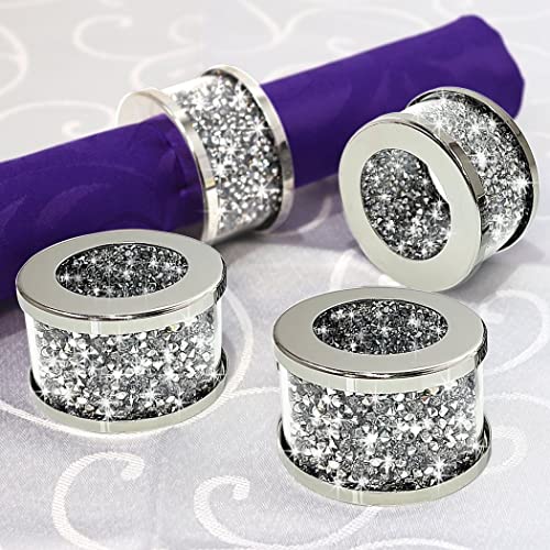 Silver Diamond Glass Napkin Holder Stainless Steel Framed，Crystal Silver Napkin Rings Set of 4 Pieces, Glam Serviette Buckles Cloth Holder Sparkle Bling Crushed Diamond Table Settings Home Decor