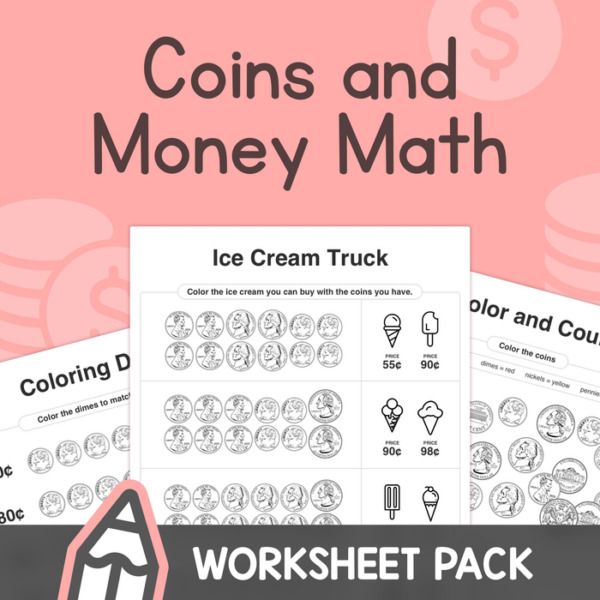 Coins and Money Math – K, 1st, 2nd Grade U.S. Coins Worksheets – No Prep (Printable PDF)