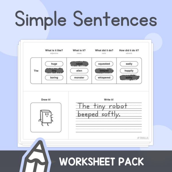 Simple Sentences – K, 1st, 2nd Grade Sentence Writing Worksheets – No Prep (Printable PDF)