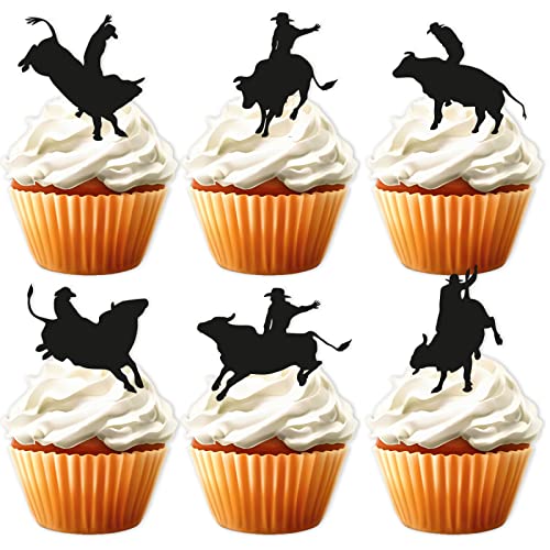 Black Glitter Dessert Cupcake Topper Cow Country Western Bull Riding Competition Theme Decorations Baby Shower Boys Girls Happy Birthday Decor Supplies 18pcs