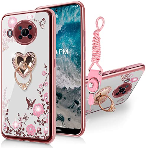 B-wishy for Nokia x100 Case for Women, Glitter Crystal Butterfly Heart Floral Slim TPU Luxury Bling Cute Protective Cover with Kickstand+Strap for Nokia x100 (Rose Gold)