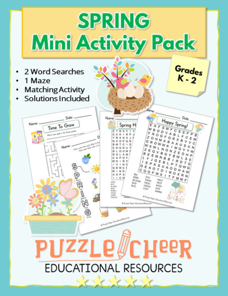 Spring Mini Activity Pack | Word Searches, Maze and Matching Activity for K-2
