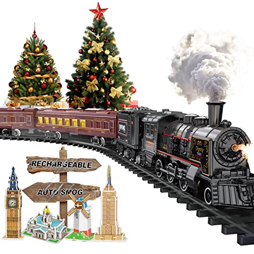 Electric Train Sets for Boys Girls Metal Alloy Christmas Trains Toys Steam Locomotive, Passenger Carriages, Tracks, Light & Sounds Rechargeable Birthday Gifts for Kids 3 4 5 6 7 8 + Years Old Red