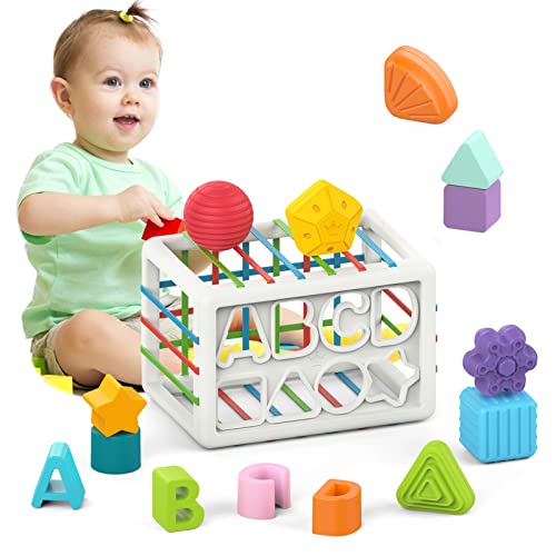 MOZYJIGAO Montessori Toys for 1 Year Old,Upgrade Baby Shape Sorter Toys with Elastic Bands Sensory Shape Building Blockse ,Fine Motor Skill,Toddler Toys Age 2,Baby Toys 18+ Months,Boys Girls Gifts