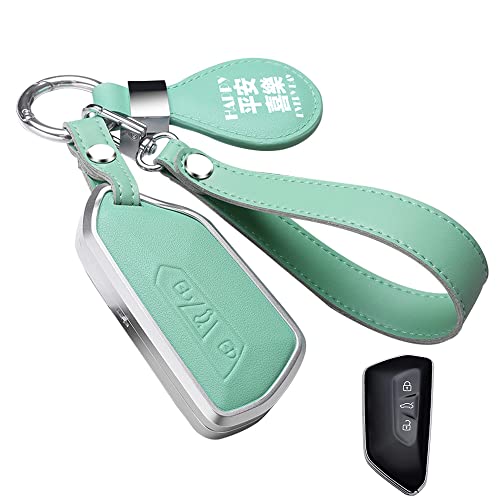 ontto Leather Key Case Fit for VW Flip Key,Car Key Fob Cover with Keychain Durable Key Skin Green(Type B)