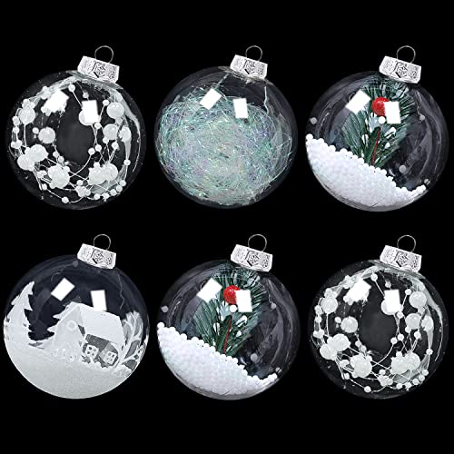 20ct 3.15″ Clear Christmas Ball Ornaments, Pre-Strung Transparent Balls with Unique Decorations Inside, Shatterproof Plastic Balls for Xmas Party Wreath Garlands Trees, White