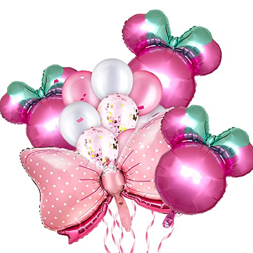 14 Pcs Mouse Birthday Balloons, New Type Mouse Head 24”Pink Bow Aluminum Foil Balloons for Baby Shower, Wedding, Kids Theme Party Decoration Supplies