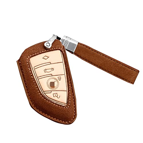 MDD Key Fob Shell Cover Case Suede Complex Material Full Protector Holder Key Chain compatible with BMW (Brown, A)