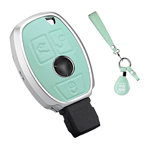 SANRILY Silver Metal and Leather Key Fob Cover for Benz C Class A E S AMG Class CLA CLS GLK Keyless 3 Button Smart Key Case Shell with Keychain Green