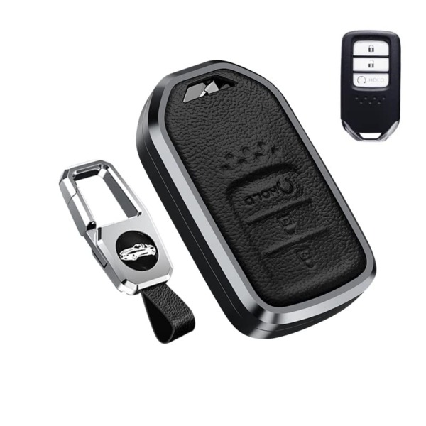 HIBEYO for Honda Key Fob Cover Protect for Honda AVANCIER New URV CRV 2017 Car Accessories Key Shells with Keychains Aluminium Smart Remote Auto Key 3 Button with Hold-Black