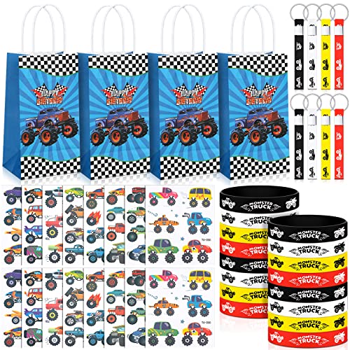 48 Pieces Truck Party Favors Cute Truck Treat Bags Wrist Bands Temporary Silicone Truck Wristbands with Keychain for Kids Birthday Party Decorations Supplies