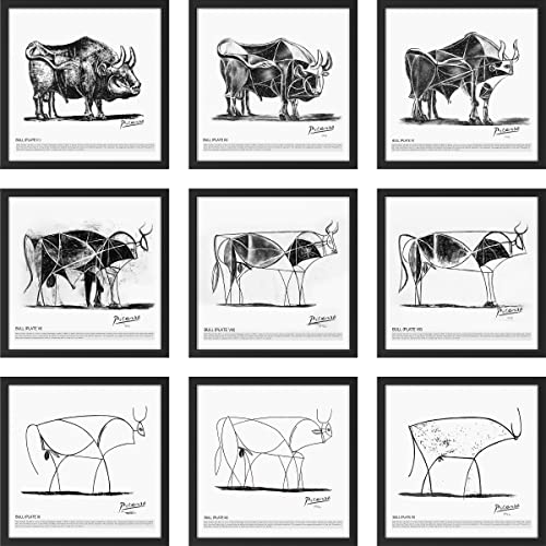 SIGNWIN Framed Wall Art Collage Print Gallery Set Pablo Picasso Geometric Bull Drawings Nature Animals Illustrations Fine Art Rustic Black White for Living Room, Bedroom, Office – 12″x12″x9 Black