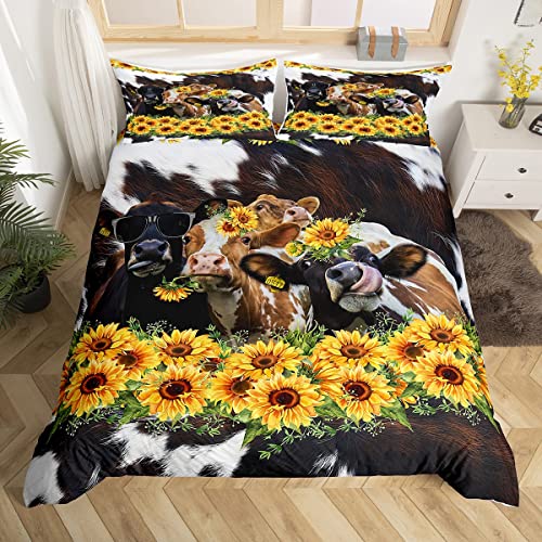 Homewish 3D Cow Printed Duvet Cover for Boys,Girls Bull Cattle Comforter Cover Full Size,Cow Skin Printed Bedding Set Kids Teen Room Decor Bed Cover,Sunflowers Bedclothes with Zipper