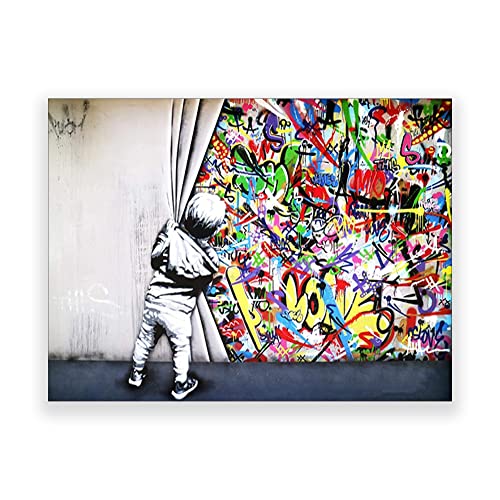 123 Life Banksy Wall Art – Boy Behind The Curtain – Graffiti Art Pop Street Canvas Prints Picture Modern Artwork for Living Room Bedroom Wall Decor Unframed 60×45cm/24×18inch