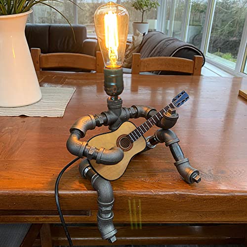 Caseree Music Guitar Table Lamp Art Decor Stuff for Men Him DVD Lovers Cool Gifts for Edison Bulb Player Steampunk Pipe Man Room Art for Retro Industrial Robot Lights Valentines Day -Silver Gray
