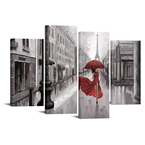 Biuteawal Paris Decor for Bedroom Canvas Wall Art Elegant Lady Women with Red Umbrella Painting Print Black White Eiffel Tower Landscape Picture Home Living Room Bathroom Decor Romantic Gift for Her