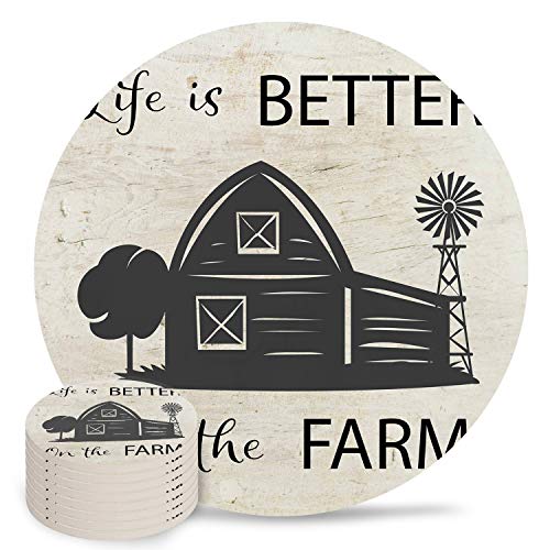 Retro Farm Coaster for Drinks, Absorbent Ceramic Coasters Cork Base Set of 8, Cup Mats for Kitchen Room Bar Decor, Farmhouse Windmill Life is Better on the Farm