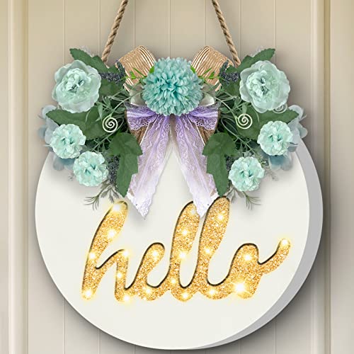 TURNMEON Welcome Sign Wreath with Timer Lights for Front Door Decor, Rustic Wooden Hanging Hello Sign Artificial Eucalyptus Daisy Spring Summer Farmhouse Porch Decoration Home Wall Outdoor (Wood)