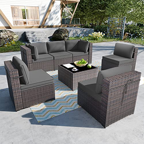 ALAULM 7 Piece Outdoor Patio Furniture Sets, Patio Furniture Outdoor Sectional Sofa, All Weather Woven Wicker Patio Sofa Brown PE Rattan Patio Conversation Set w/Cushion and Glass Table (Grey)