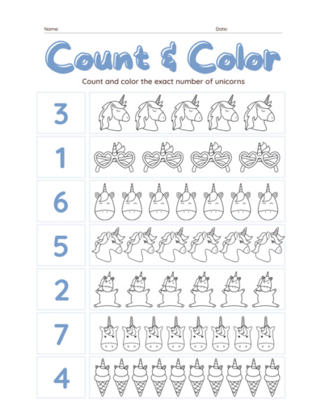 Count And Color Unicorn Worksheet Set