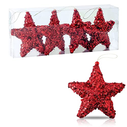 ZHANYIGY 4 Pieces Set of Red 6 Inch Hanging Star Ornament, 4th of July Patriotic Day Independence Day Labor Day Hanging Decorations for Indoor Outdoor Christmas Star Ornament Decor