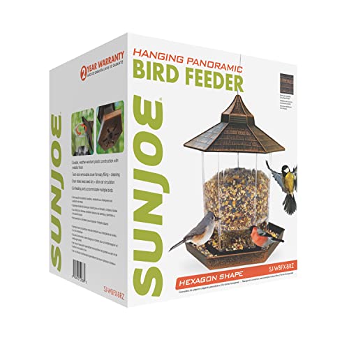 Sun Joe SJ-WBFX-BRZ Wild Bird Hanging Feeder, w/ Roof and Hexagonal Shape, for Outdoor Garden & Yard Decoration, 2.15 Lbs Bird Seed & Nut Capacity, Bronze