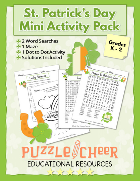 St Patrick’s Day Mini Activity Pack | Word Searches, Maze and Dot to Dot for K-2