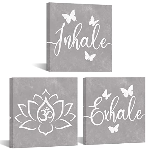 SiMiWOW Yoga Room Decor Inhale Exhale Wall Art Yoga Lotus Flower Painting Zen Den Decor Picture Framed Gallery Wrap 12″x12″x3 Panels