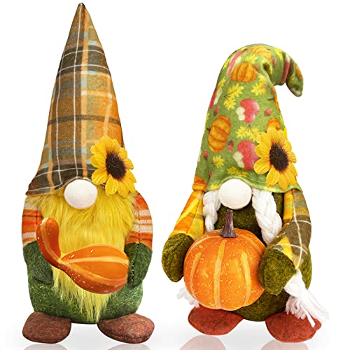 Set of 2 Fall Gnomes Plush Decorations Mr and Mrs Hold Realistic Orange Pumpkins Sunflower Hat Autumn Harvest Gnome Elf Scandinavian Swedish Thanksgiving Fall Decor for Home Table Tiered Tray Ornament