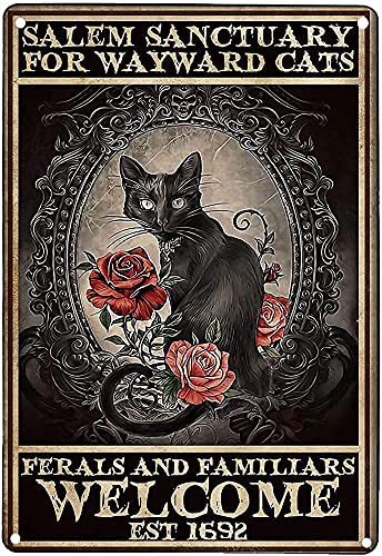 Krouterebs Witch Black Cat Salem Sanctuary for Wayward Cats Ferals and Familiars Welcome Metal Tin Sign Kitchen Pub Novelty Coffee Bar Club Wall Poster 12×8 Inch Yard Garden Farm Man Cave