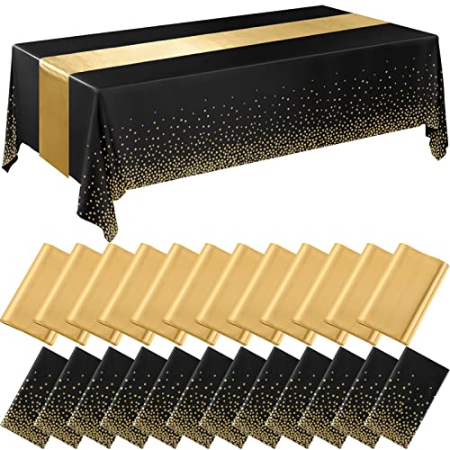 24 Packs Wedding Satin Table Runner Disposable Plastic Tablecloths 54 x 108 Inch Table Cloths for Parties Tablecloth 12 x 108 Inch Table Runners for Wedding Birthday Celebration (Black and Gold)