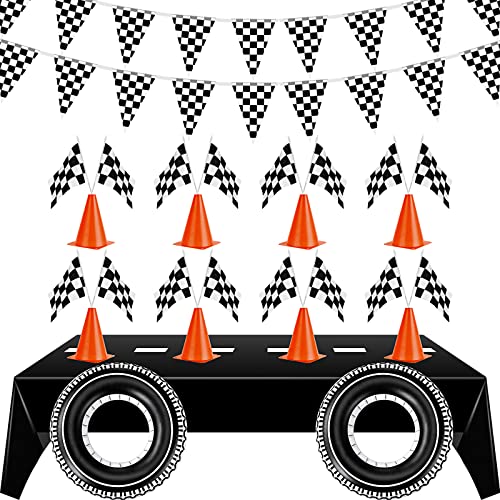 Race Car Birthday Party Supplies, Include 2 Pcs 9.8 ft Racetrack Tableclothes 2 Checkered Racing Banner 12 Black and White Race Flags 2 Swimming Ring and 8 Traffic Cones for Racing Party Decorations