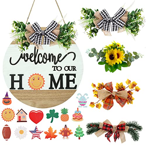 Interchangeable Welcome Sign for Front Door with 4 Seasonal Wreaths and 14 Changeable Icons, Farmhouse Front Porch Décor, Front Door Decoration, Seasonal Rustic Wooden Wall Sign home décor (7wood)