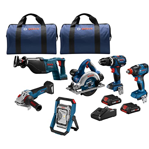 BOSCH GXL18V-601B25 18V 6-Tool Combo Kit with 2-in-1 Bit/Socket Impact Driver, Hammer Drill/Driver, Reciprocating Saw, Circular Saw, Angle Grinder, Floodlight and (2) CORE18V 4.0 Ah Compact Batteries