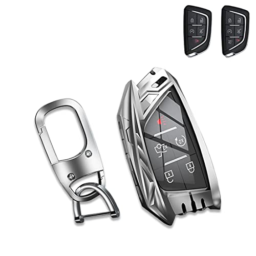 JanneChou Zinc Alloy Smart Car Key Fob Case Cover Holder Fit for Cadillac Escalade CT4 CT5 2020-2022 5-Buttons 6-Buttons With Keychain(Silver)
