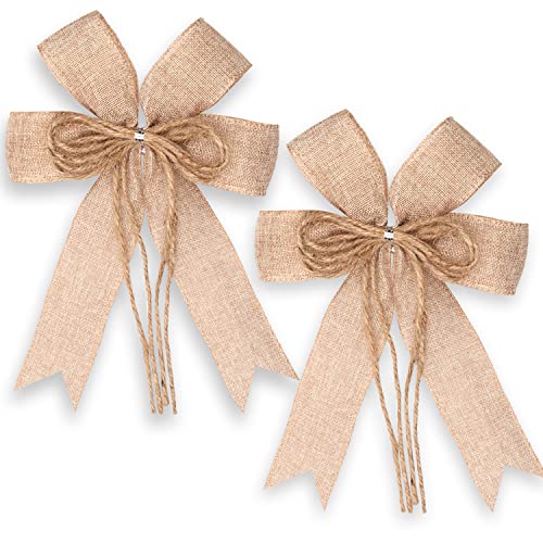 2 Pack Burlap Jute Hemp Rope Bows for Wreaths,Rustic Farmhouse Crafts Bow for Gift Wrapping Tree Topper Wedding Holiday Birthday Party Wall Home Front Door Decorations