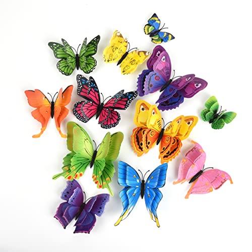 ZHOUYOU 24 PCS Double Layer 3D Butterfly Wall Decor, Butterfly Birthday Decorations Removable Butterfly Stickers Butterfly Decor for Theme Party Weddings Bedroom Multicolor (Multicolor)
