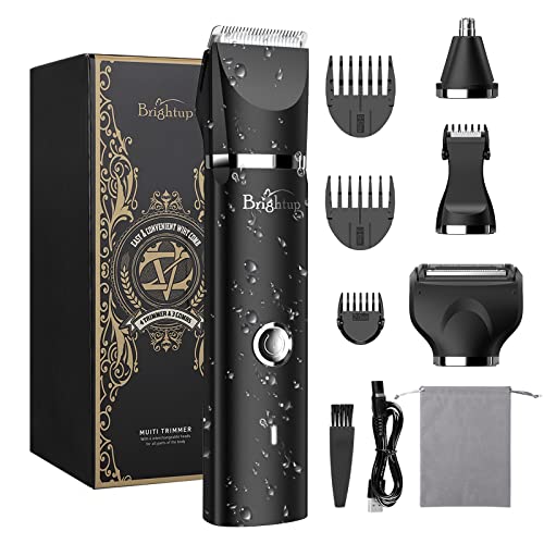 Brightup Trimmer for Men, Electric Razor for Men with 4 Replaceable Blade Heads & Storage Bag, IPX7 Waterproof Wet / Dry Pubic Ball Nose Body Hair Facial Shaver with LED Light, Mens Gifts, YP-7017