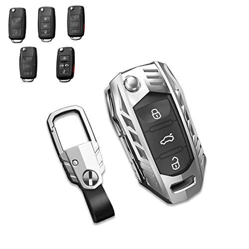 JanneChou Zinc Alloy Smart Car Key Fob Case Cover Holder Fit for Volkswagen VW Jetta Golf Polo MK6 Passat Tiguan Beetle With Keychain(Silver)