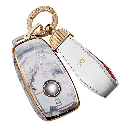 SANRILY Golden-edge Jade Pattern Smart Key Fob Cover for Mercedes Benz E Class, 2018 S Class, 2017 2018 W213 Accessories Keyless Key Fob Case Shell with Keychain Grey