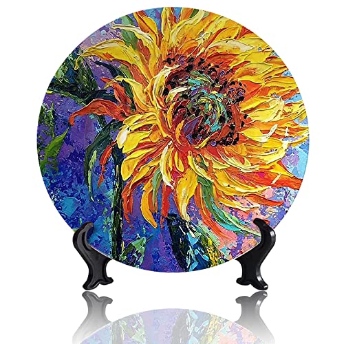 Kasen Watercolor Sunflowers Decorative Plate Ceramic Plate Art Decoration Handmade Ceramic for Home Decor Porcelain Plates with Display Stand – 6 inches