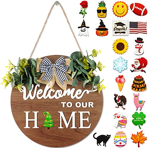 LABEOL Interchangeable Welcome Sign for Front Door with 22 PCS Replaceable Icons,Wood Wreaths Wall Hanging Porch Outdoor Decor for All Seasonal and Holiday,Housewarming Gifts Christmas Decorations