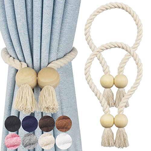 Nieffeiy 2 Pack Magnetic Curtain Tiebacks Cotton Hand Woven Tie Back Decorative Rope Holdbacks for Curtains Draperies No Tools Required, Beige