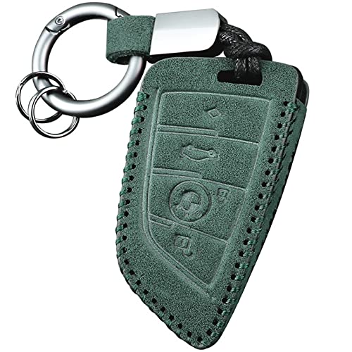 Artificial Cow Leather Car Key Case Cover Shell Fob，Blade type key Fob Shell for BMW X2 X3 X4 1 3 5 7 (Blade+Leather Buckle) (Dark green)
